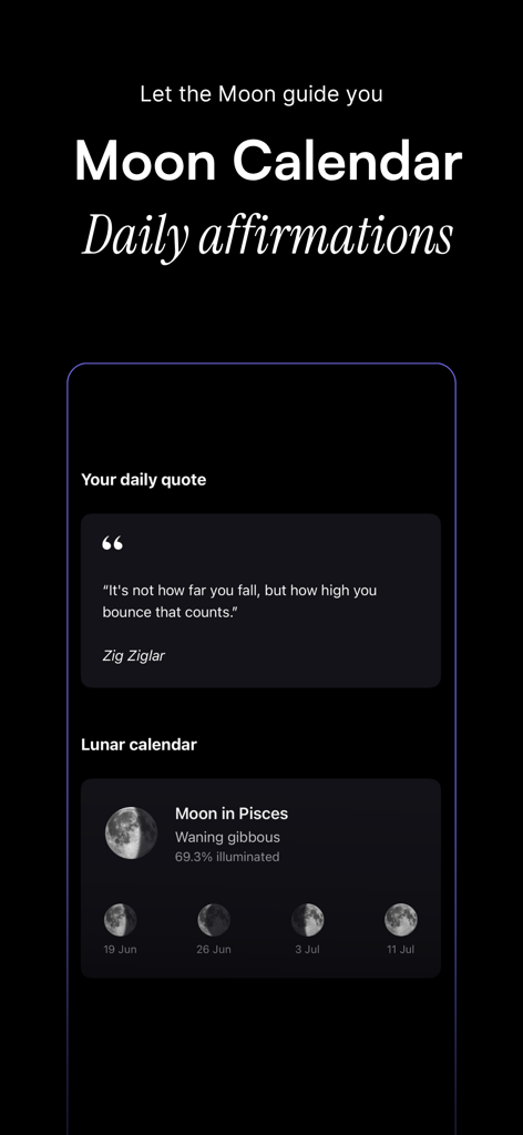 Orion – Horoscope & Tarot - Interface do aplicativo Orion mostrando fases da lua e uma citação motivacional diária