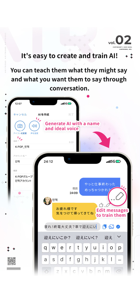 Airfriend: Real AI Characters - Mobile app interface showing how to create and train AI characters with custom names and voices