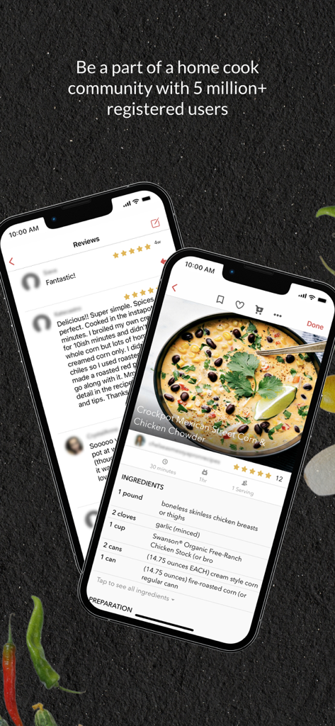 BigOven Recipes & Meal Planner - Dos pantallas de teléfono que muestran las reseñas de recetas de la aplicación BigOven y una receta de sopa de maíz mexicano con ingredientes.