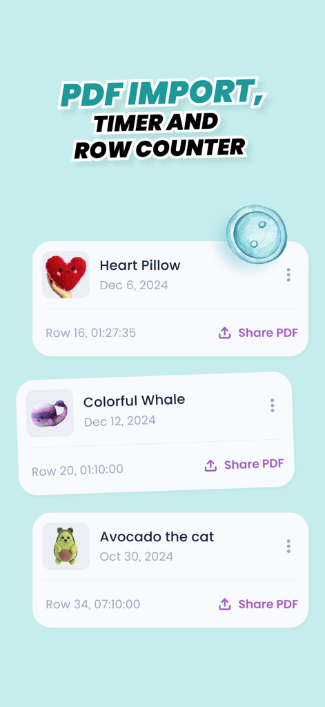 Crochet row & stitch counter - Interface do aplicativo de crochê mostrando o progresso do projeto com contadores de carreiras, timers e opções de importação de PDF para padrões de amigurumi