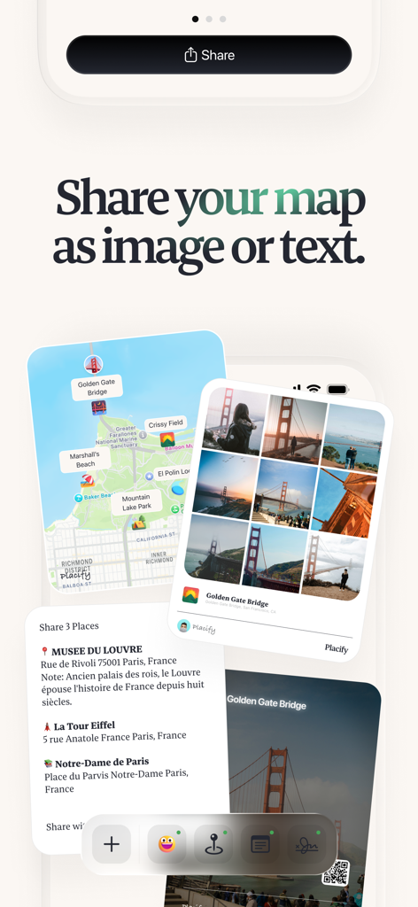Placify - Map & Trip Planner - Placify app screen showing travel itineraries being shared as aesthetic photo grids, digital maps, and text lists.