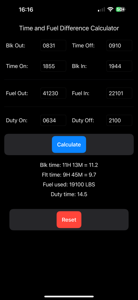 Time and Fuel Calculator - Aviation flight and duty time calculator for pilots showing fuel usage and block time calculations.