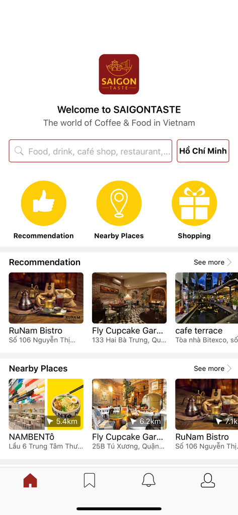 Saigon Taste - The home screen of the Saigon Taste mobile app displaying restaurant recommendations and nearby locations for coffee and food in Vietnam