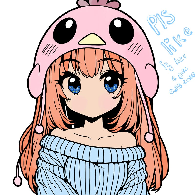 anime girl with chick shaped hat with sweater with bare shoulders with bangs covering them one eye with low tail