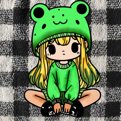 a girl wearing a frog hat and some frog socks