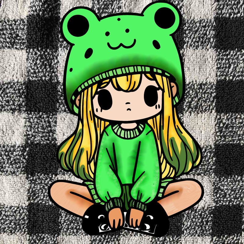 a girl wearing a frog hat and some frog socks