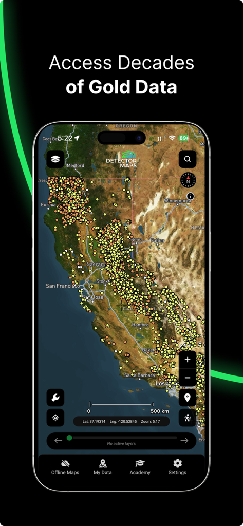 Interface de l'application Detector Maps affichant des points de données d'or historiques sur une carte de Californie