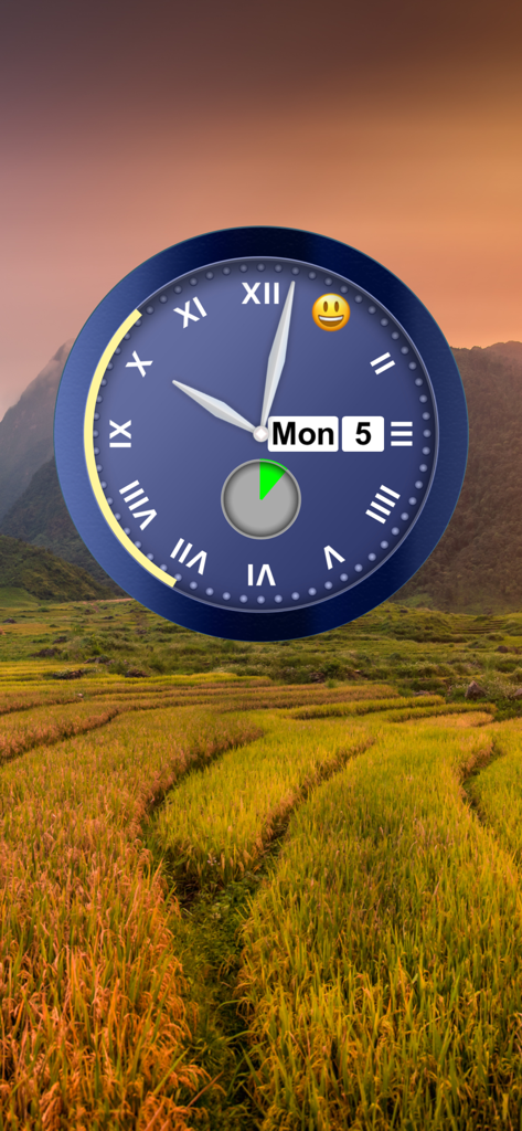 Cloki – Clock Widget - Customizable analog clock widget with a blue face and Roman numerals over a scenic nature background