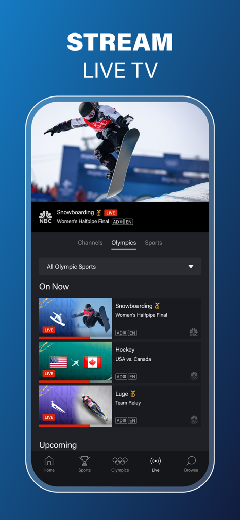 The NBC App – Stream TV Shows - Una captura de pantalla de la app de NBC que muestra la interfaz de transmisión de TV en vivo con un enfoque en deportes olímpicos como el snowboard y el hockey.