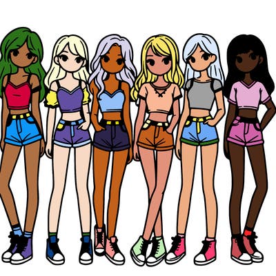 a group of girls wearing crop tops and shorts