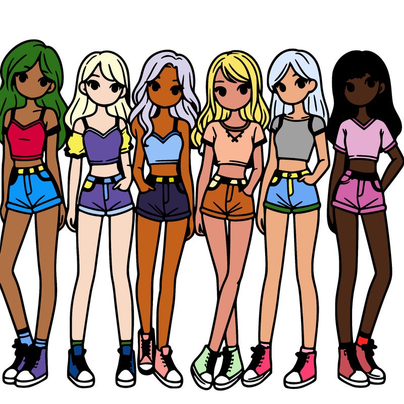 a group of girls wearing crop tops and shorts