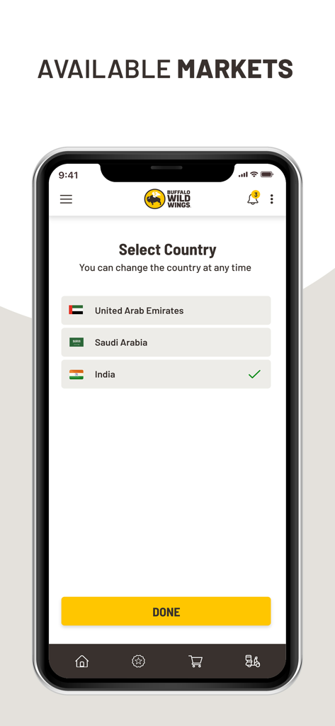 BWW International - Buffalo Wild Wings 국제 앱 화면에 UAE 사우디 아라비아 및 인도 국가 선택 옵션 표시
