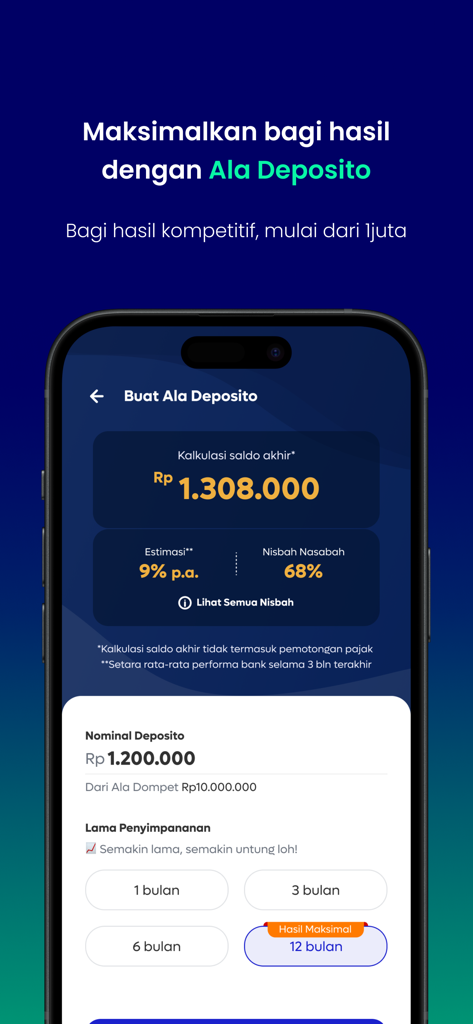Aladin Bankアプリの画面、Ala Depositoシャリーア準拠の利益分配預金機能を表示