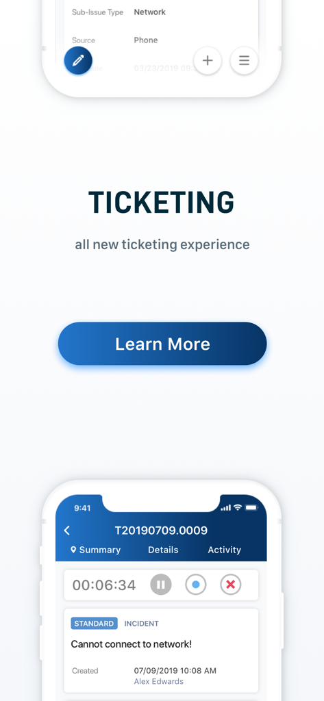 Autotask LiveMobile - Autotask LiveMobile mobile app screen showcasing a new ticketing interface with incident details and an active timer.