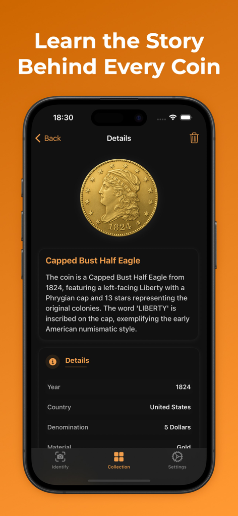 Coin Identifier & Checker - Información histórica detallada y composición de la moneda para un águila de medio dólar con busto acuñado de 1824 en oro, mostrada en la aplicación.