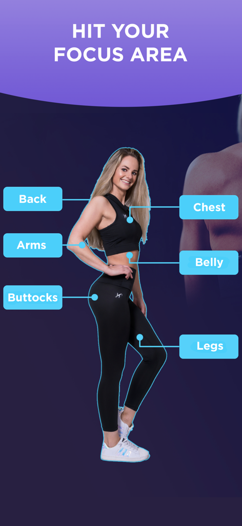 ZuFit: Home Workout for Women - ZuFit app screen showing targeted body focus areas for women including belly buttocks and legs
