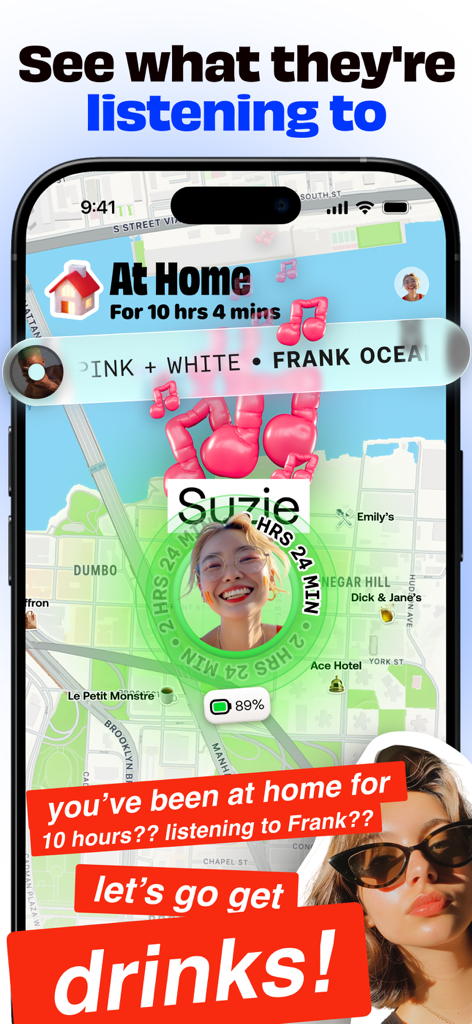 Bump - hang with friends IRL - Interface of the Bump app showing a friend's real-time location and current music on a map.