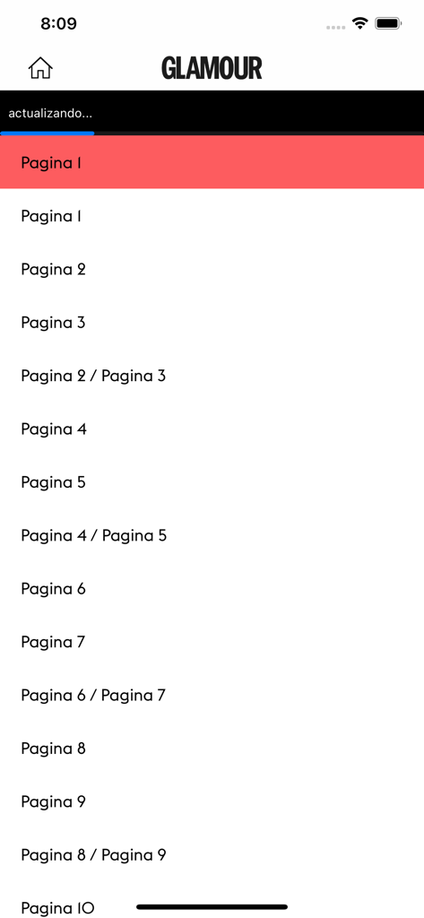 Glamour España - Menú de navegación que muestra una lista de páginas en la aplicación de revista digital Glamour España