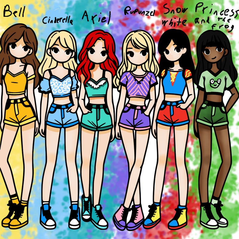 a group of girls wearing crop tops and shorts