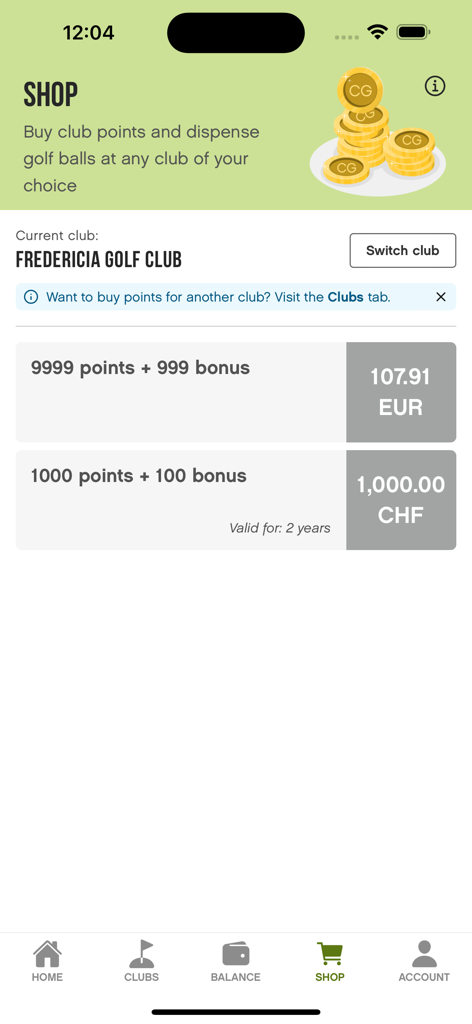Compu Golf - Pantalla de la tienda de la aplicación Compu Golf mostrando paquetes de puntos para comprar en Fredericia Golf Club