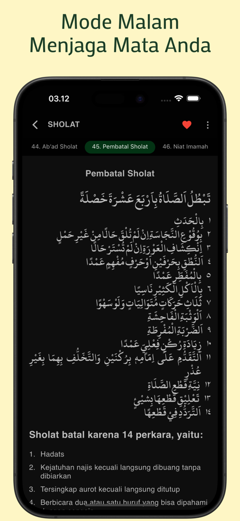 Safinatun Najah - Safinatun Najah app interface displaying Islamic prayer rules in night mode