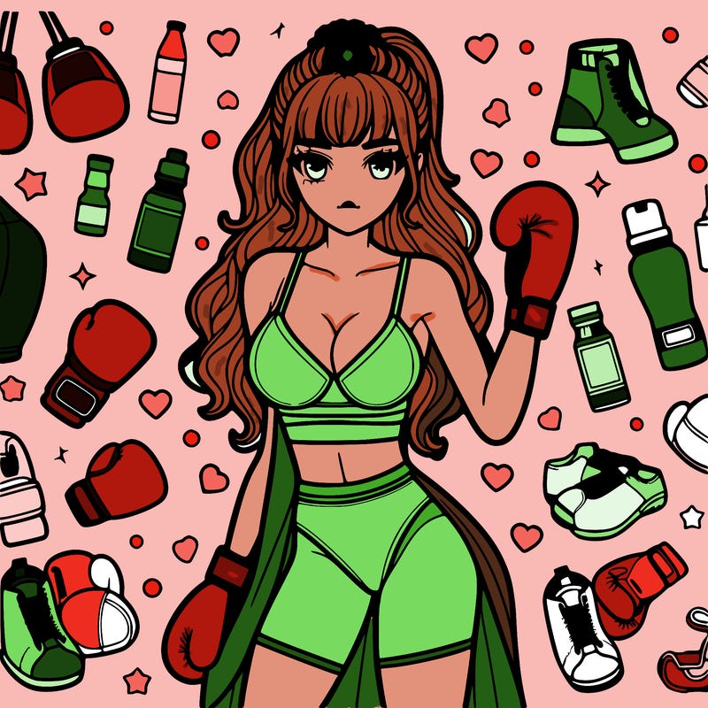 a beautiful girl in boxing clothes is in the center of the picture, with scattered and small pictures of boxing sports supplies.