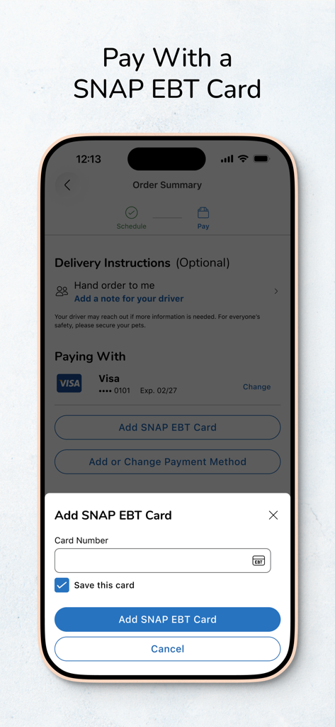 Kroger app screen showing how to add a SNAP EBT card for payment