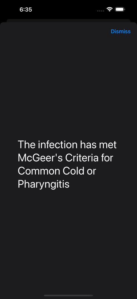 Infection Checker - App screen showing the infection met McGeer Criteria for common cold or pharyngitis
