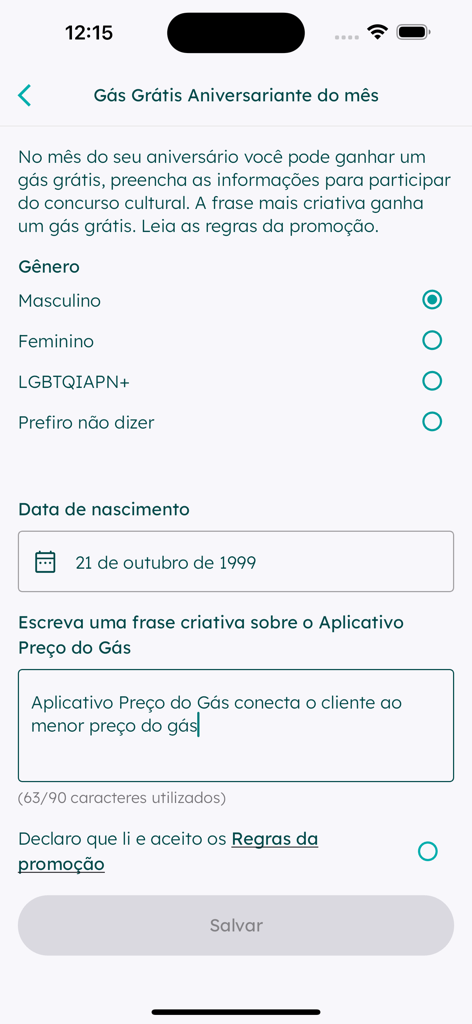 Preço do Gás - Registration form for a free gas birthday contest in the Preço do Gás app