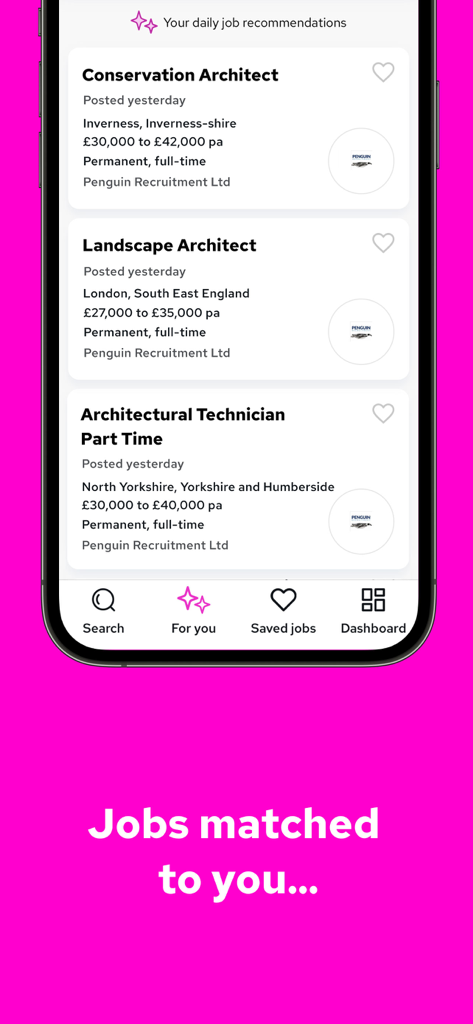 Personalized job recommendations on the Reed.co.uk mobile app showing architect roles in the UK.