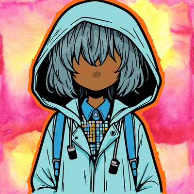 little anime girl in a raincoat her hair is covering her eyes she has a lighter