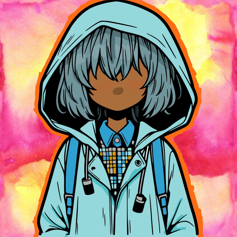 little anime girl in a raincoat her hair is covering her eyes she has a lighter