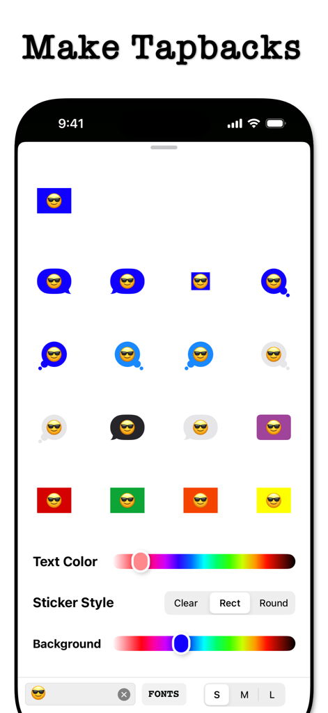 Yes No Reverse Sticker Maker - Interface of the Yes No Reverse Sticker Maker app showing a variety of custom emoji tapback stickers and color editing tools.