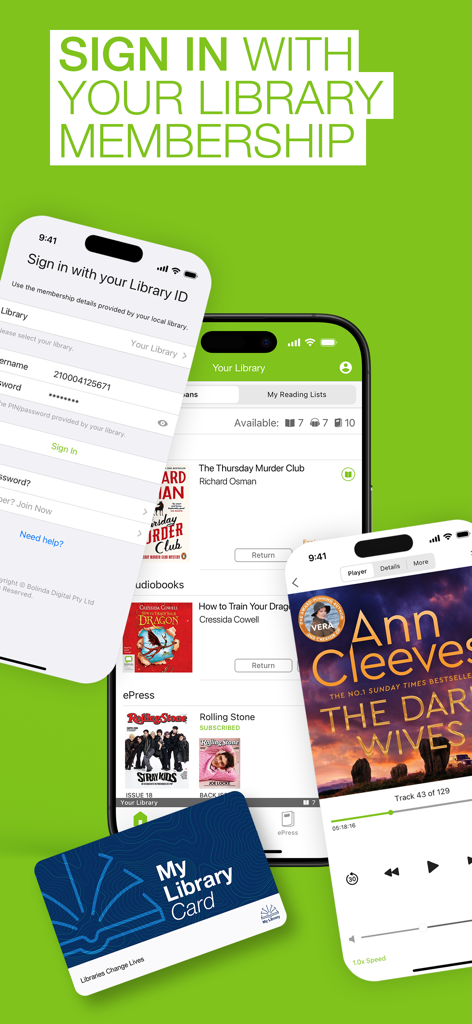 BorrowBox - BorrowBoxアプリの画面のコラージュ。図書館会員のサインインプロセス、書籍閲覧インターフェース、物理的な図書館カードの隣にあるオーディオブックプレイヤーが表示されている。