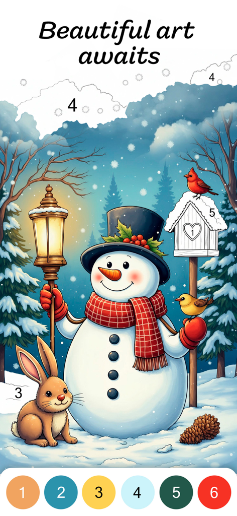 Color by Numbers for Adults - Digitale Malen-nach-Zahlen-App-Oberfläche mit einer Winterszene mit einem Schneemann und Waldtieren