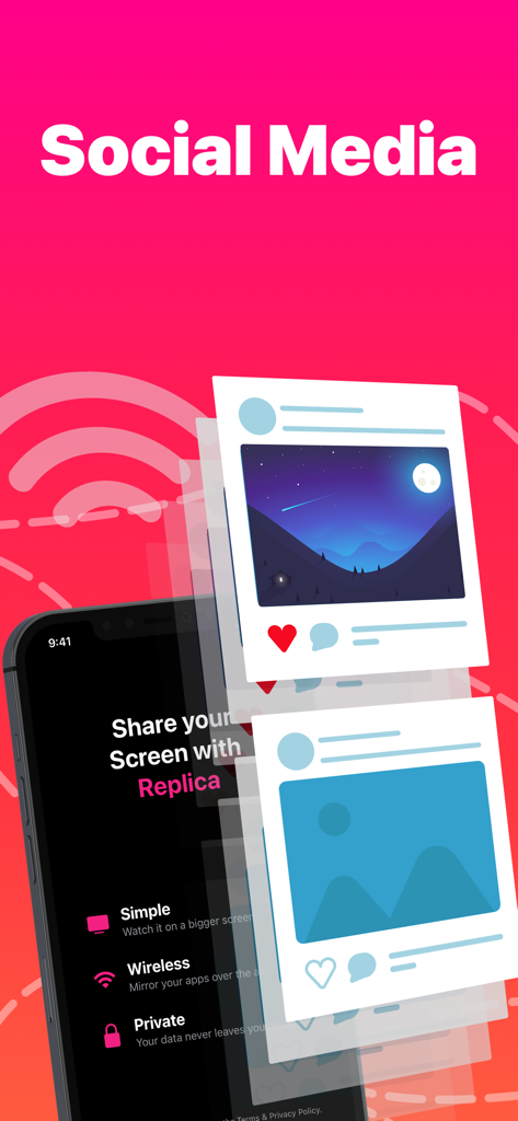 iPhone screen showing the Replica app with social media posts being mirrored
