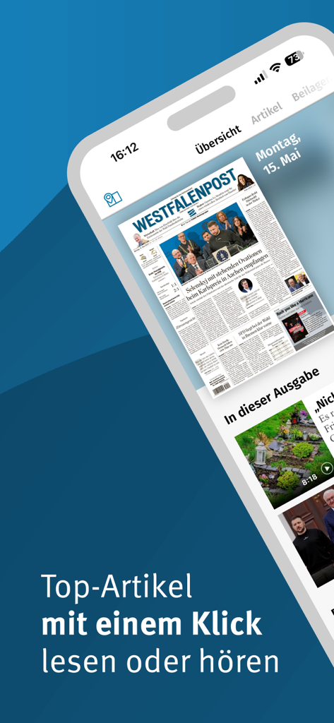 WP E-Paper - Visão geral do aplicativo WP E-Paper mostrando a réplica do jornal digital Westfalenpost