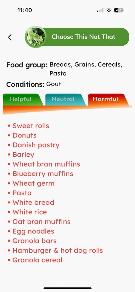 Gout + - Gout plus app screenshot showing a list of harmful grains and breads for individuals with gout