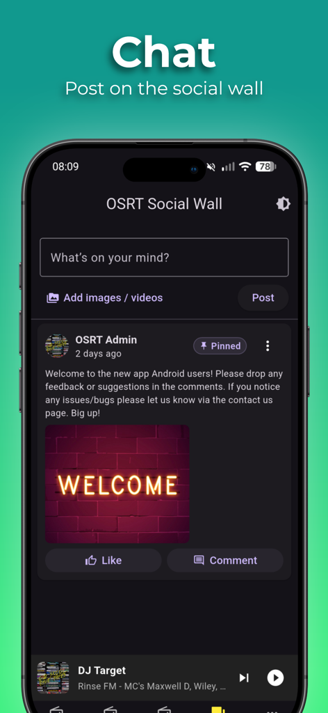Interface of the Old Skool Rave Tapes app social wall showing community chat and posts.