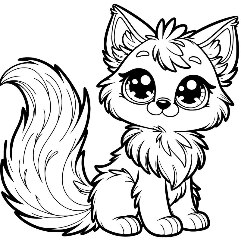 an anthropomorphic cat, fluffy ears, big eyes, and a fluffy tail