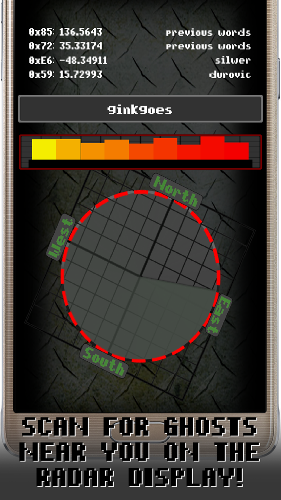 Real Ghost Detector - Screenshot dell'app Rilevatore di Fantasmi Reale che mostra un display radar circolare e una barra della potenza del segnale codificata a colori.