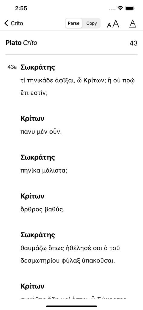 La interfaz de la aplicación Attikos mostrando un diálogo de Critón de Platón en texto de griego antiguo.