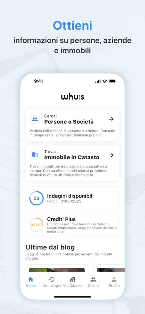 Whuis mobile app home screen showing search options for people companies and property records