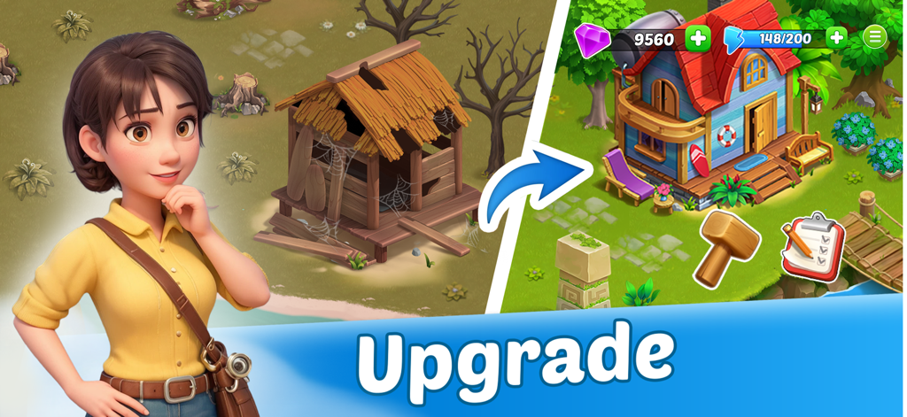 Emma observando la renovación de una choza rota en una colorida casa tropical en Griffin Island.