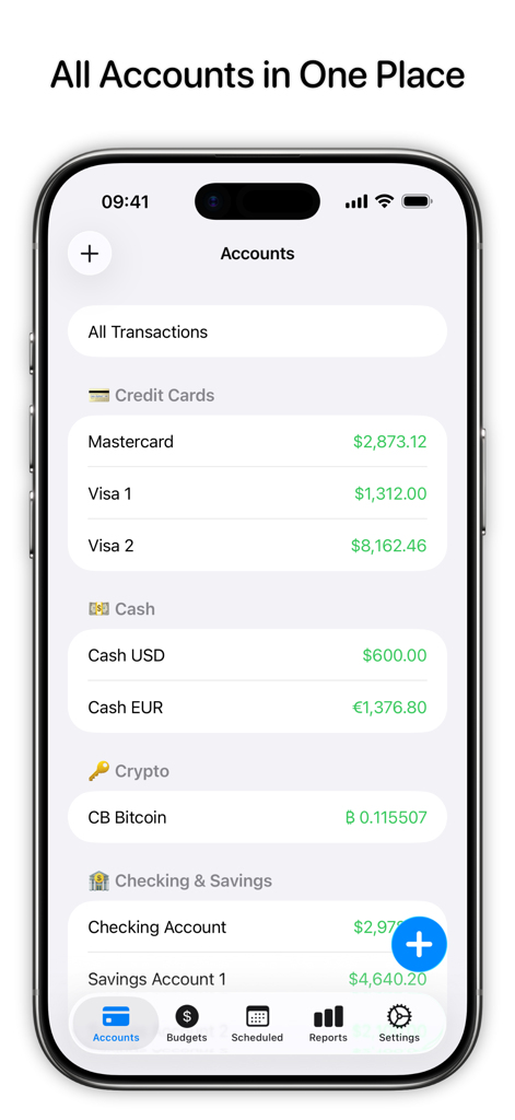 Interface do aplicativo Balance mostrando todas as contas financeiras em um só lugar, incluindo cartões de crédito, dinheiro e cripto
