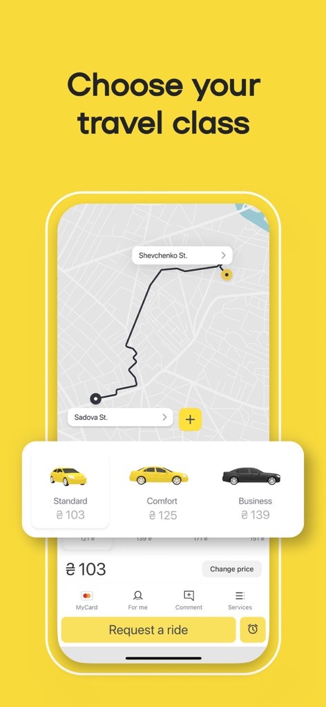 Uklon: More Than a Taxi - Uklon mobile app screen showing a map route and car class options including Standard Comfort and Business with local prices