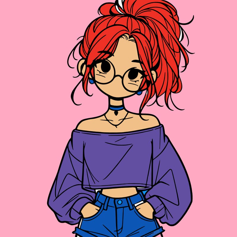 girl with a messy ponytail glasses a baggy crop top and jean shorts