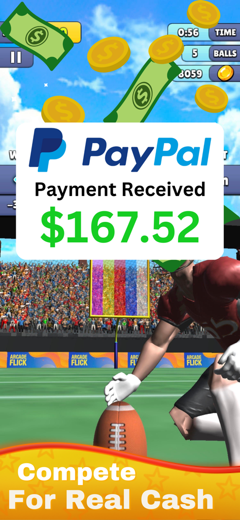 Real Money Football Flick Game - Football flick game screenshot showing a PayPal payment received notification for cash prizes