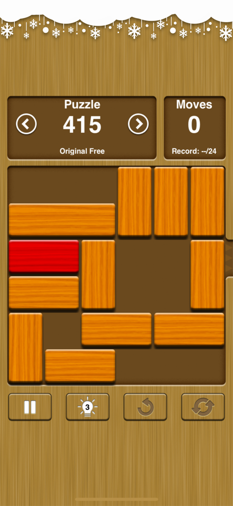 Unblock Me Premium gameplay showing a wooden block logic puzzle with a red target block
