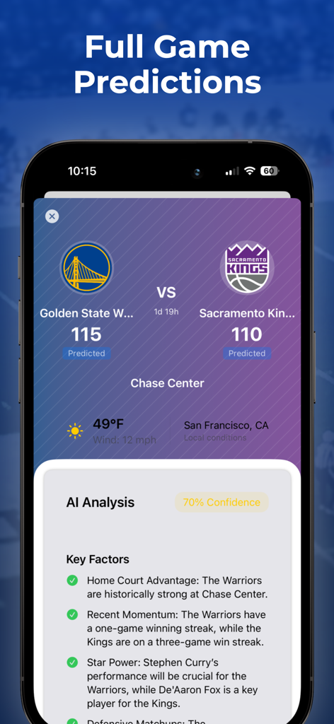 SportBuddy AI: Live Scores - NBA game prediction screen with AI analysis and predicted scores